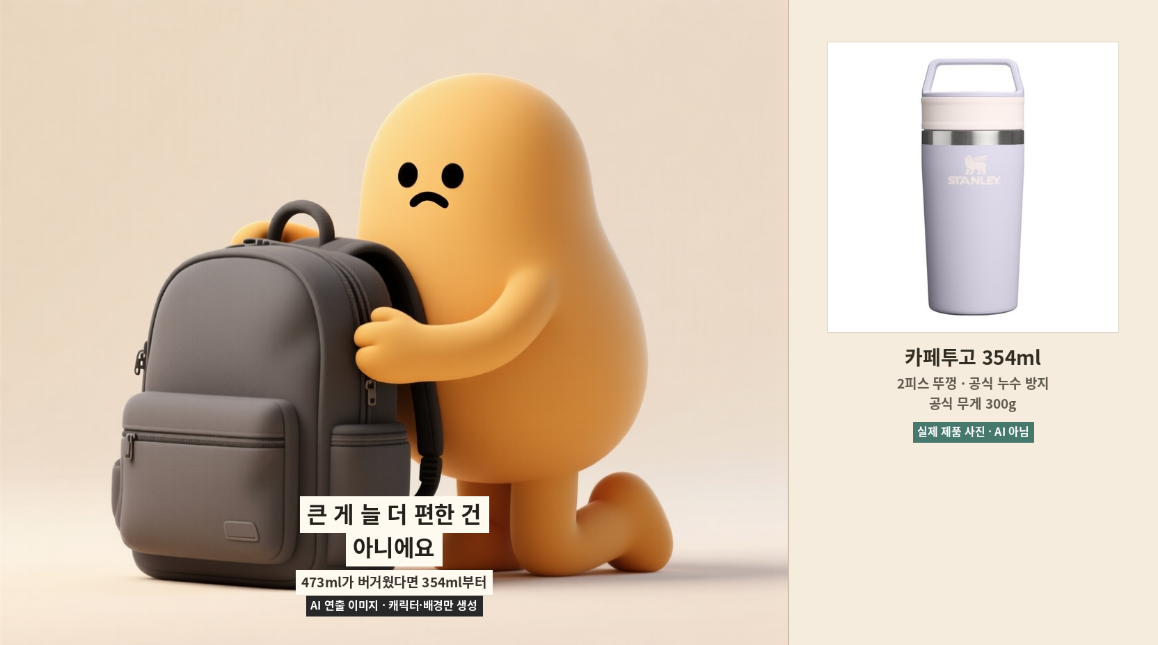 텀블러를 가방에 넣을 때 무게 부담을 보여주는 AI 캐릭터와 실제 제품 사진
