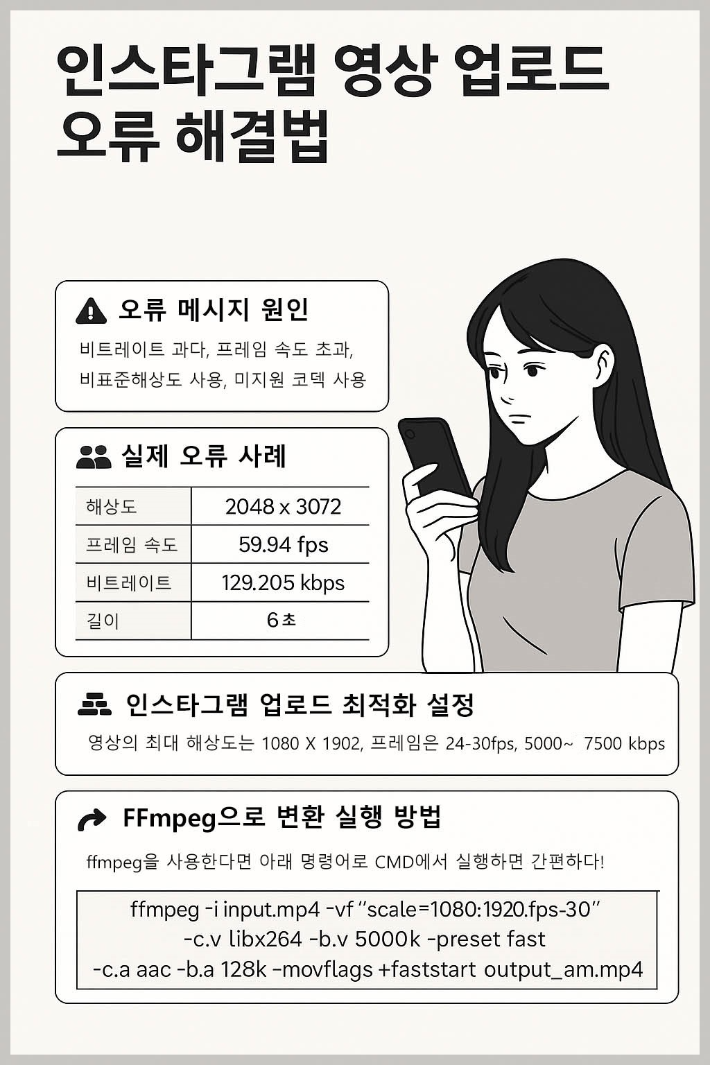 비트레이트 초과 및 해상도 문제로 인한 인스타그램 영상 업로드 오류의 원인, 실제 사례, 권장 설정, 그리고 FFmpeg 명령어를 이용한 해결 방법을 정리한 한눈에 보기 쉬운 인포그래픽