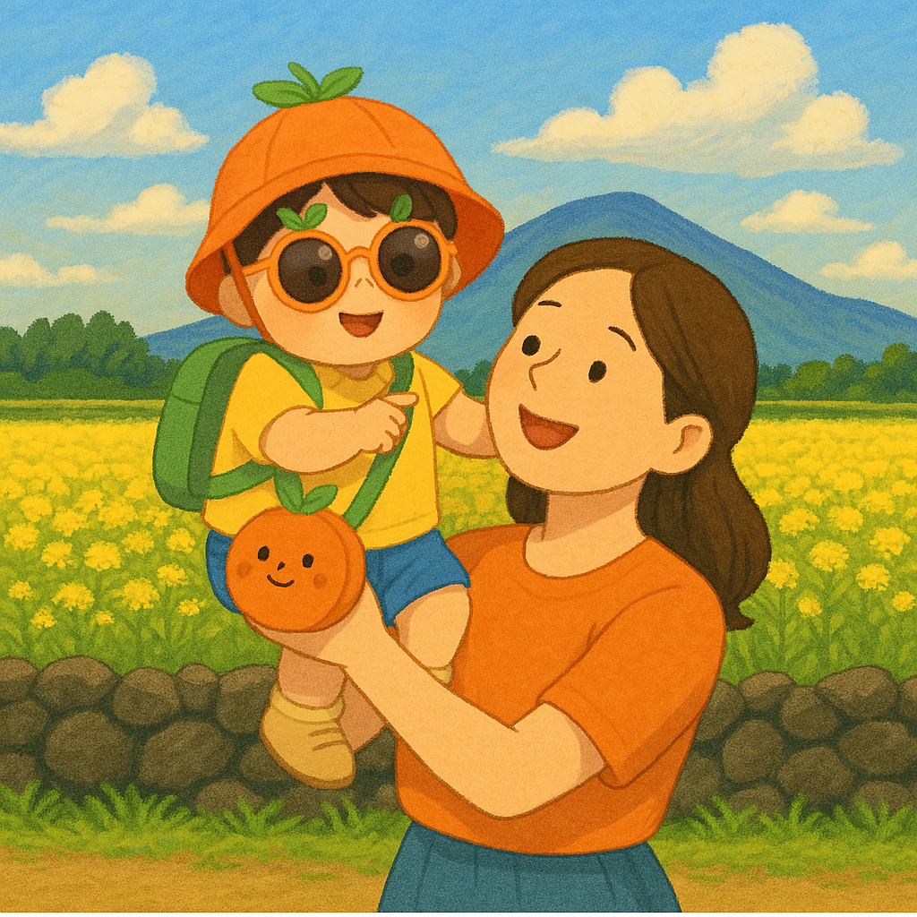 제주도 유채꽃밭 앞에서 아기랑 엄마 일러스트(출처: 챗GPT)