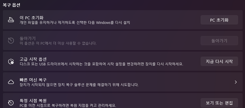 복구 화면에서 이 PC 초기화, 고급 시작 옵션, 빠른 머신 복구, 특정 시점 복원 항목이 보이는 모습