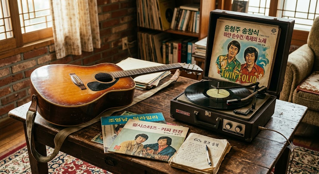 1960년대 통기타와 LP 음반이 놓인 빈티지 탁자