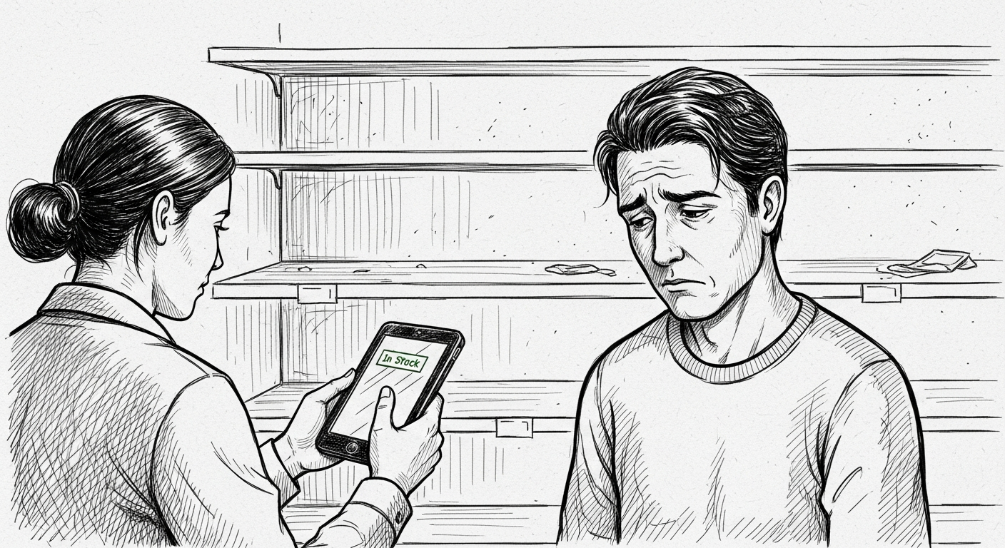 빈 선반 앞에서 태블릿으로 재고를 확인하는 마트 직원