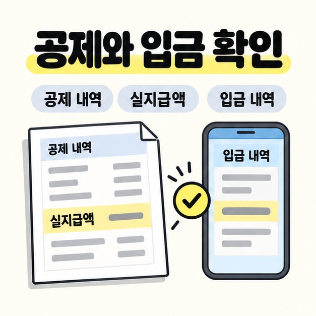 공제 내역과 실지급액이 표시된 명세서를 스마트폰의 입금 내역과 나란히 놓고 노란색 강조와 체크 표시로 비교하는 그림