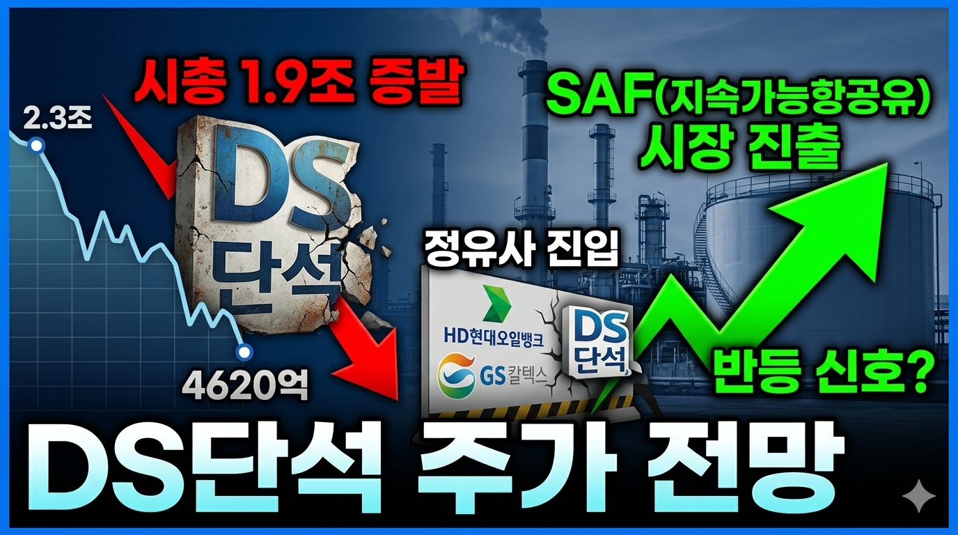 DS단석 로고와 바이오에너지 생산 설비가 겹쳐진 이미지, 주가 하락 그래프와 반등 화살표가 그려진 배경