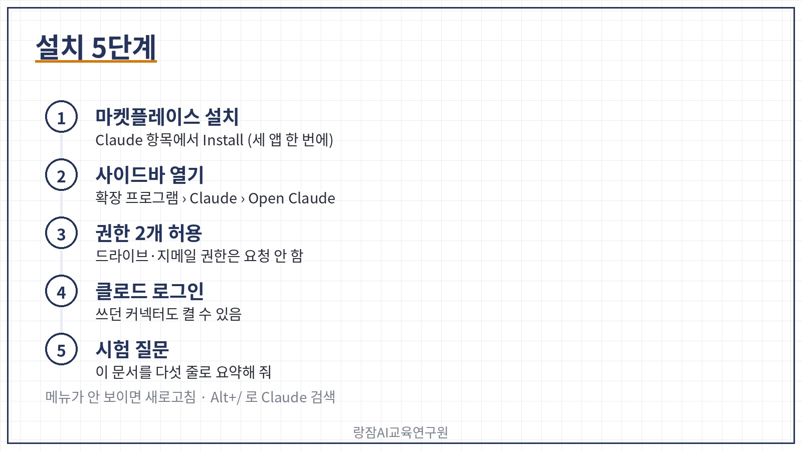 클로드 구글 워크스페이스 설치 5단계 &mdash; 마켓플레이스에서 설치, 확장 프로그램 &rsaquo; Claude &rsaquo; Open Claude, 권한 2개 허용, 클로드 계정 로그인, 시험 질문