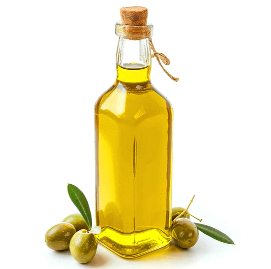 투명한 유리병에 황색의 기름이 가득 들어있다. 병 주변에는 연두색 올리브 열매들이 있다.