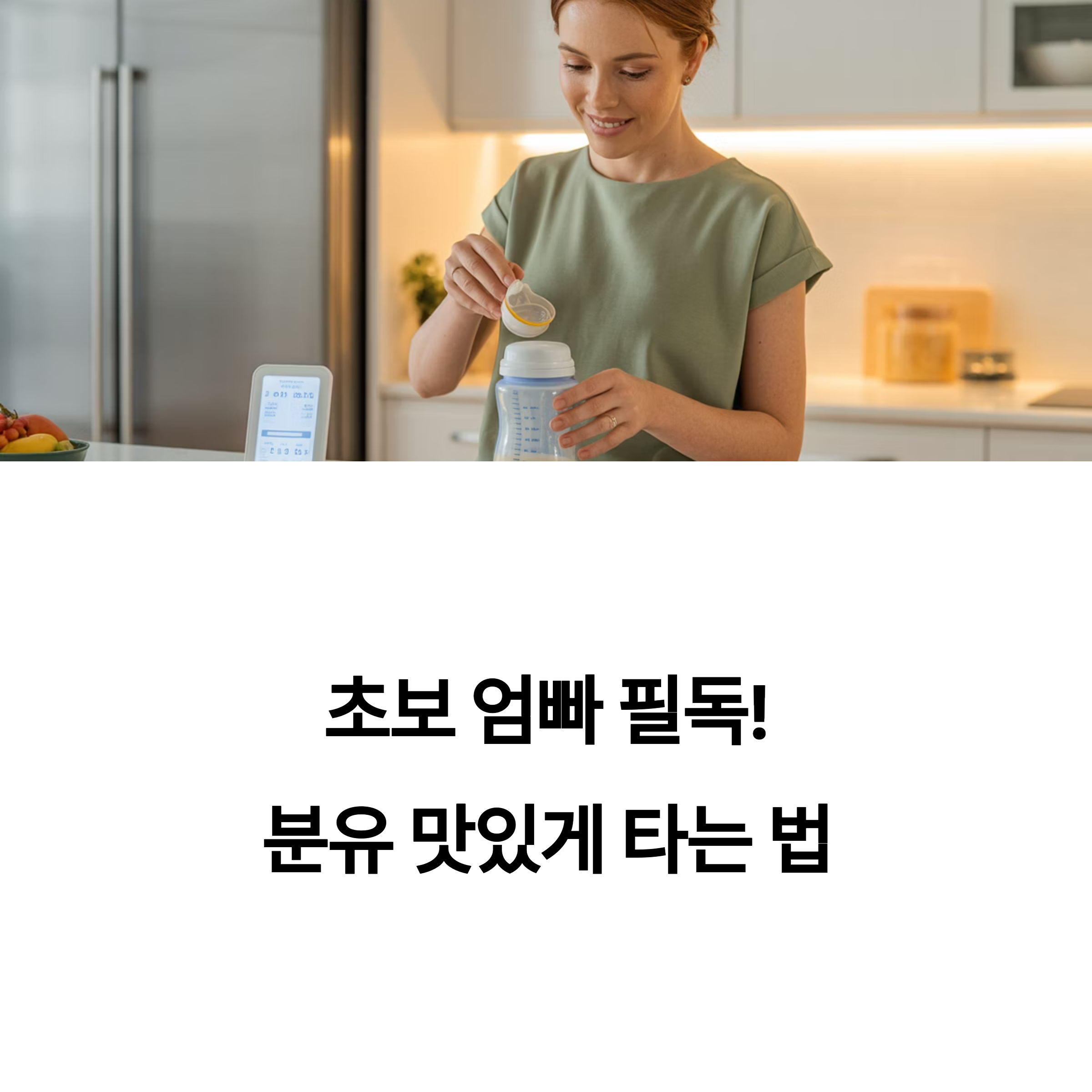 분유를 타는 여성이 주방에서 아기 젖병에 분유를 넣고 있는 모습과 '초보 엄빠 필독! 분유 맛있게 타는 법'이라는 안내 문구가 함께 있는 이미지