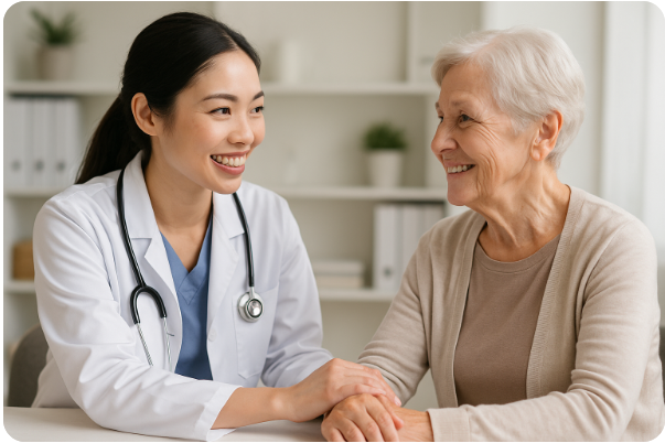 환자와 따뜻하게 눈 맞춤하며, 소통하는 의료진