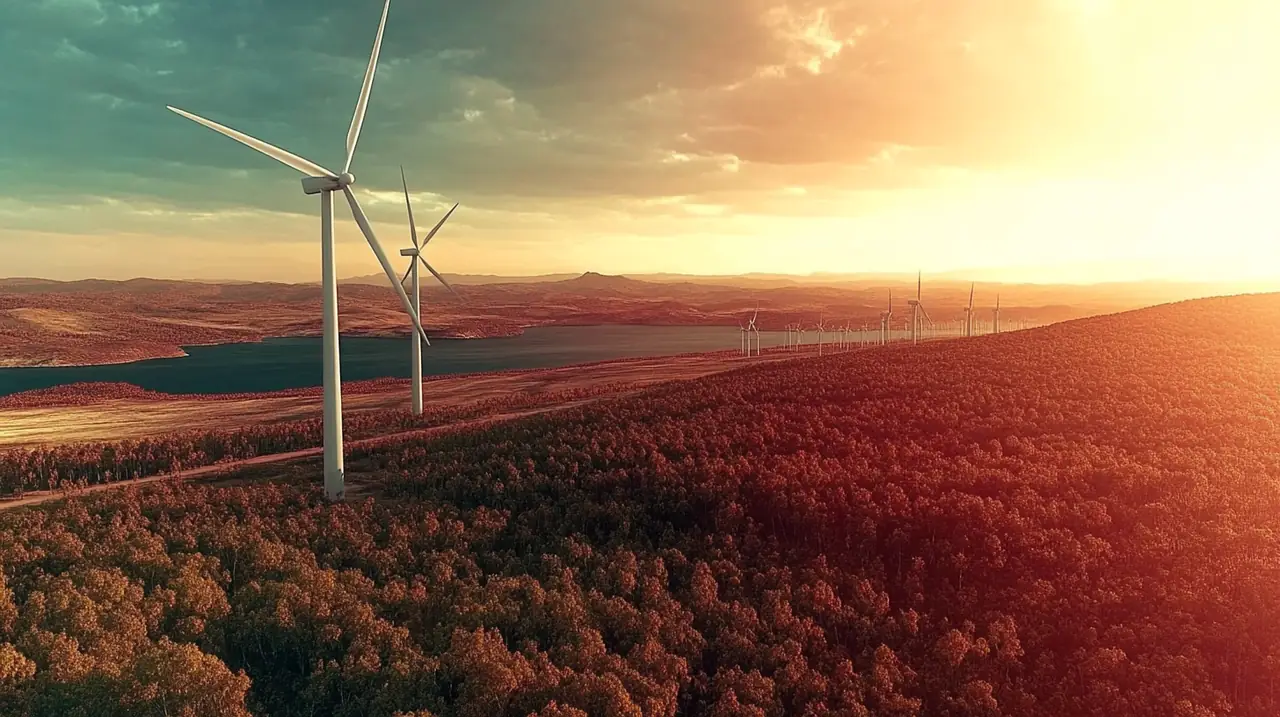 기후 변화 테마의 ETF 투자를 상징하는 풍력 발전소로 미래 지속 가능한 투자의 가능성을 보여줍니다.