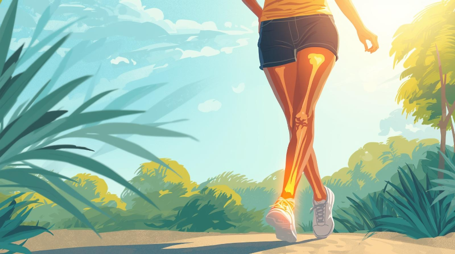 햇볕 아래 걷는 여성과 튼튼한 다리 뼈를 강조한 건강한 모습
