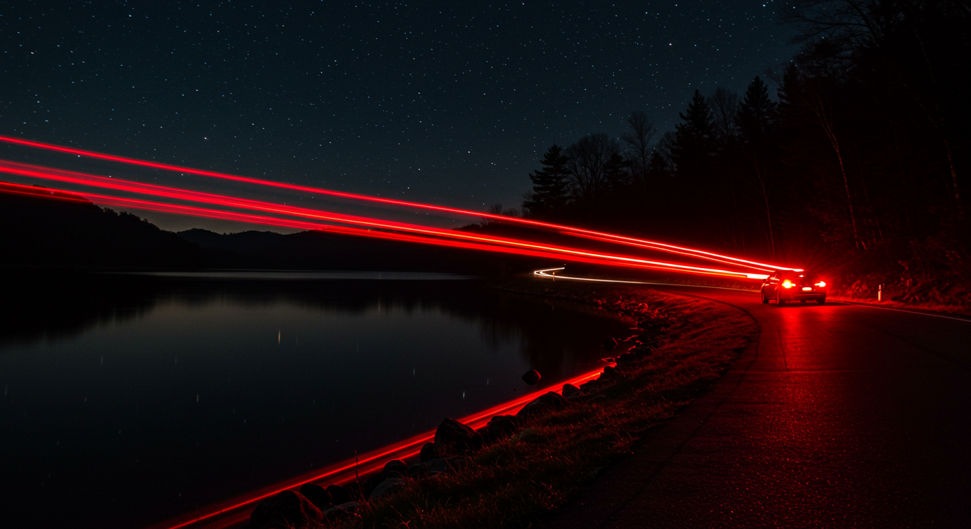 어두운 밤 팔당호 주변을 달리는 자동차의 불빛