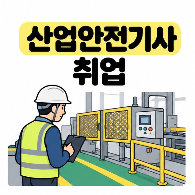 산업안전기사 취업 제목과 함께 안전모를 쓴 담당자가 방호 장치와 안전 통로가 있는 생산 설비를 점검하는 대표 이미지