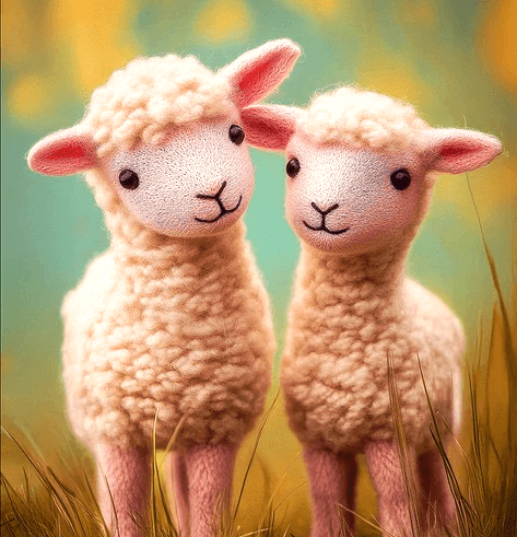 하얀 털을 가진 어린 양 두 마리가 나란히 서 있는 인형이다.