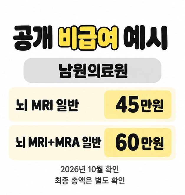 남원의료원의 뇌 MRI 일반 45만원과 뇌 MRI 및 MRA 일반 60만원을 비교하고 2026년 10월 확인한 비급여 예시임을 표시한 그림