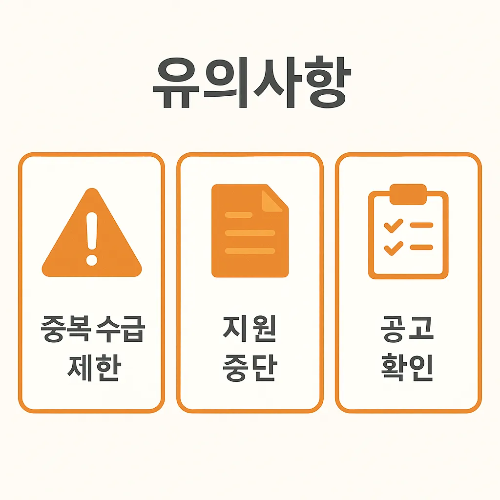 청년구직활동지원금과 국민취업지원제도를 신청할 때 알아야 할 중복 수급 제한, 지원 중단 사유, 최신 공고 확인 등 핵심 유의사항을 정리한 인포그래픽