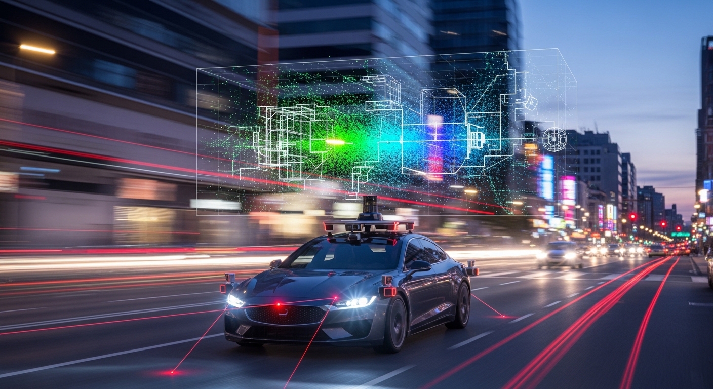 Scene of an autonomous car scanning the city with LiDAR sensors, with the data being mapped to a cloud map in real-time.