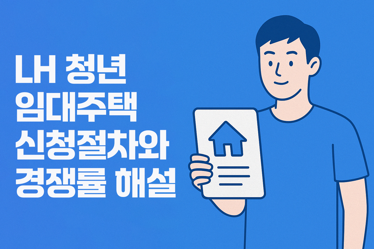 LH 청년 임대주택 신청 절차와 경쟁률 해설 - 파란 배경에 왼쪽은 정보 텍스트, 오른쪽은 집 아이콘이 있는 서류를 들고 있는 청년 일러스트가 포함된 정보 이미지