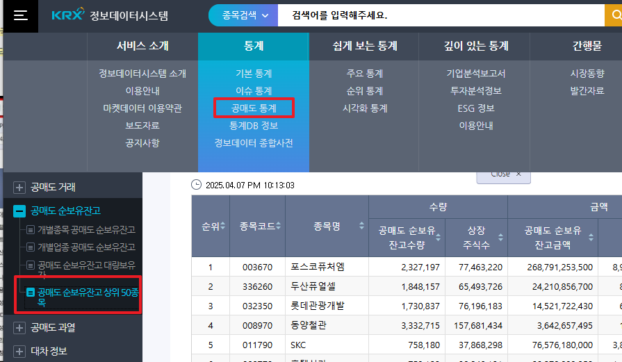 대차잔고 공매도 한국거래소