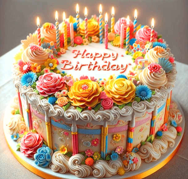 하얗고 둥그런 생일케이크 위에 크림으로 만든 노란꽃, 분홍꽃, 하얀꽃들이 테두리를 가득 장식했다. 촛불도 여러개 꽂아있고, 분홍색 크림으로 해피버스데이라는 영문이 적혀있다.