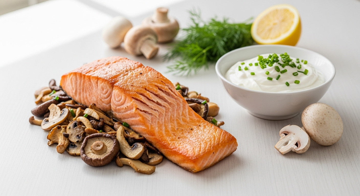 깨끗한-테이블-위에-연어,-버섯,-강화-유제품을-담은-고품질-음식입니다.