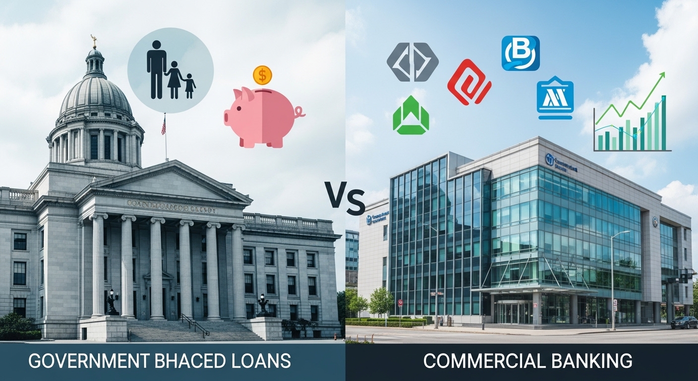 정부지원 대출(정부 청사 이미지)과 시중은행 대출(현대적인 은행 건물 이미지)을 비교하는 이미지.