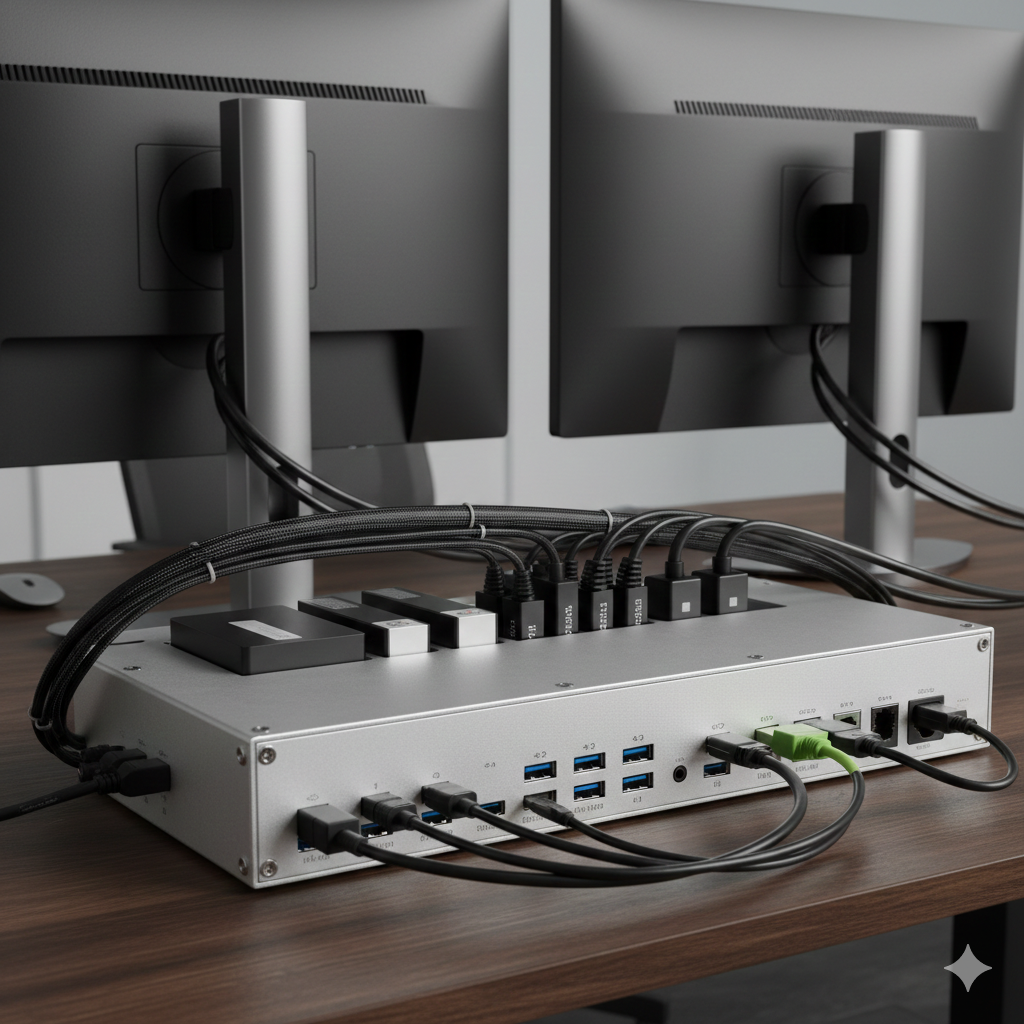 듀얼 모니터와 유선 랜 포트를 지원하는 전문가용 썬더볼트 도킹스테이션의 뒷면 포트 상세 사진