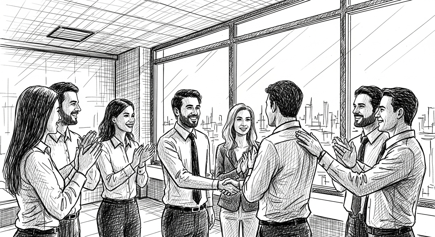 사무실에서 동료의 승진을 축하하는 모습