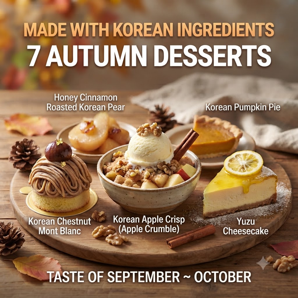 Made with Korean Ingredients 7 Autumn Desserts thumbnail featuring Honey Cinnamon Roasted Korean Pear, Korean Pumpkin Pie, Korean Chestnut Mont Blanc, Korean Apple Crisp, and Yuzu Cheesecake on a wooden board