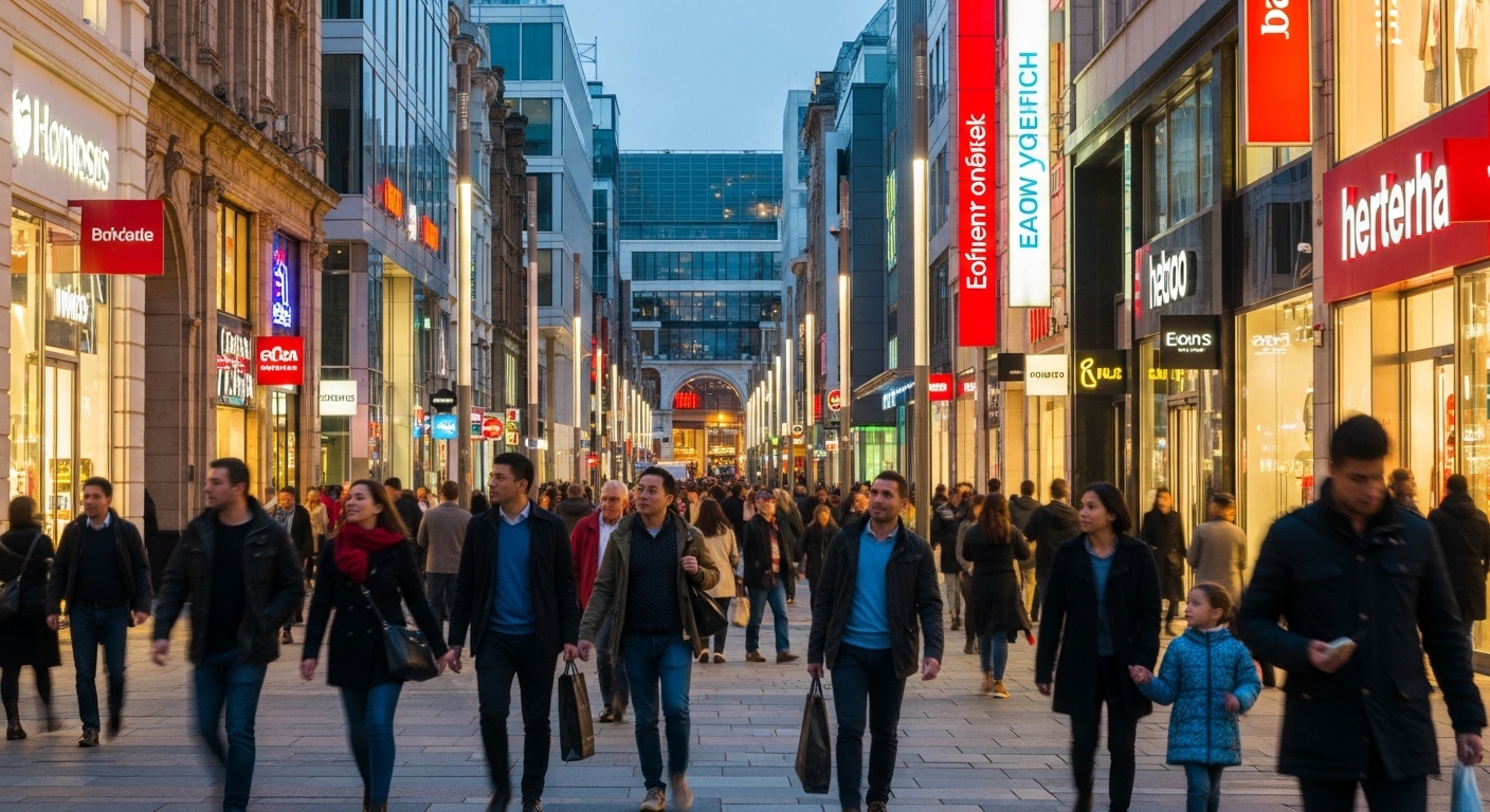 A vibrant, high-quality street photography style of a modern city shopping district with happy people and bright storefronts. Soft natural lighting, energetic atmosphere.