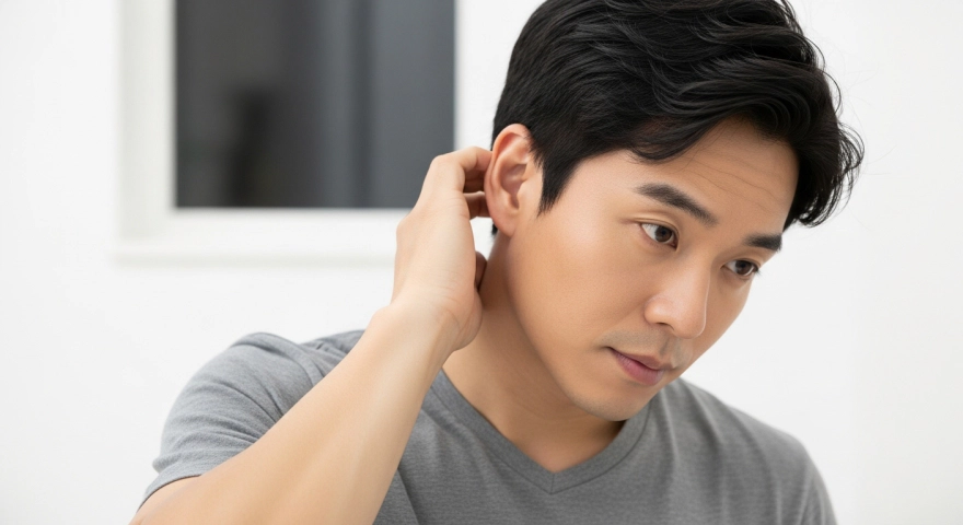 귀에서 삐소리를 느끼며 불편해하는 40대 한국인 남성