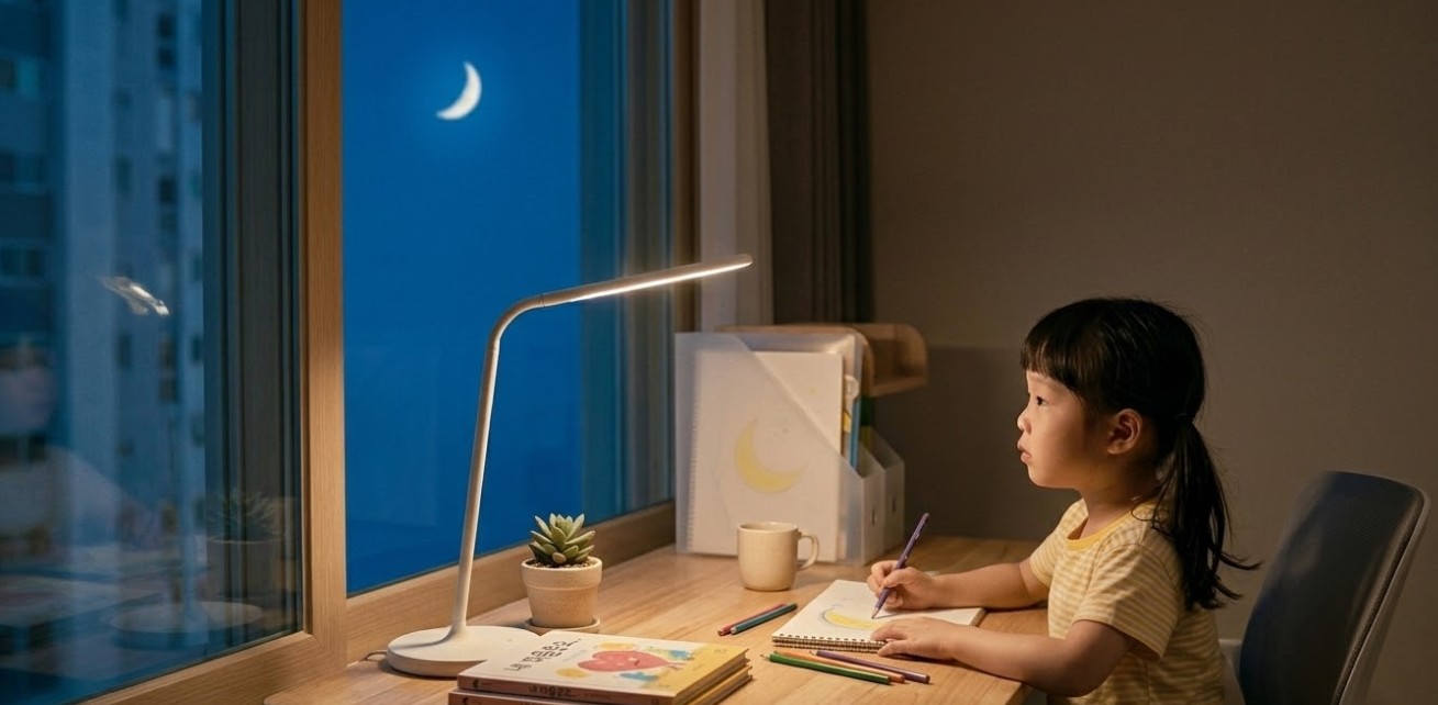 밤하늘의 초승달이 보이는 창가 쪽 깨끗한 나무 책상에 앉아 달의 변화를 공책에 기록하고 있는 5세 아이의 뒷모습. 따뜻한 조명 아래 연필과 작은 화분이 놓여 있으며, 불필요한 가구 없이 고요하고 집중력 있는 '배움과 기억의 공간'을 시각적으로 표현함