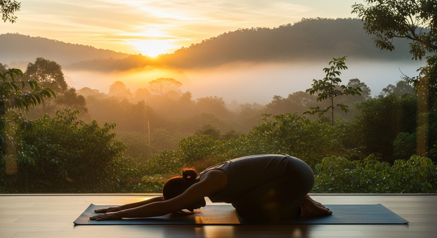 싱그러운 자연 풍경 앞에서 명상 또는 요가를 하며 활력을 되찾는 사람의 모습. 정신적, 신체적 건강을 상징합니다.