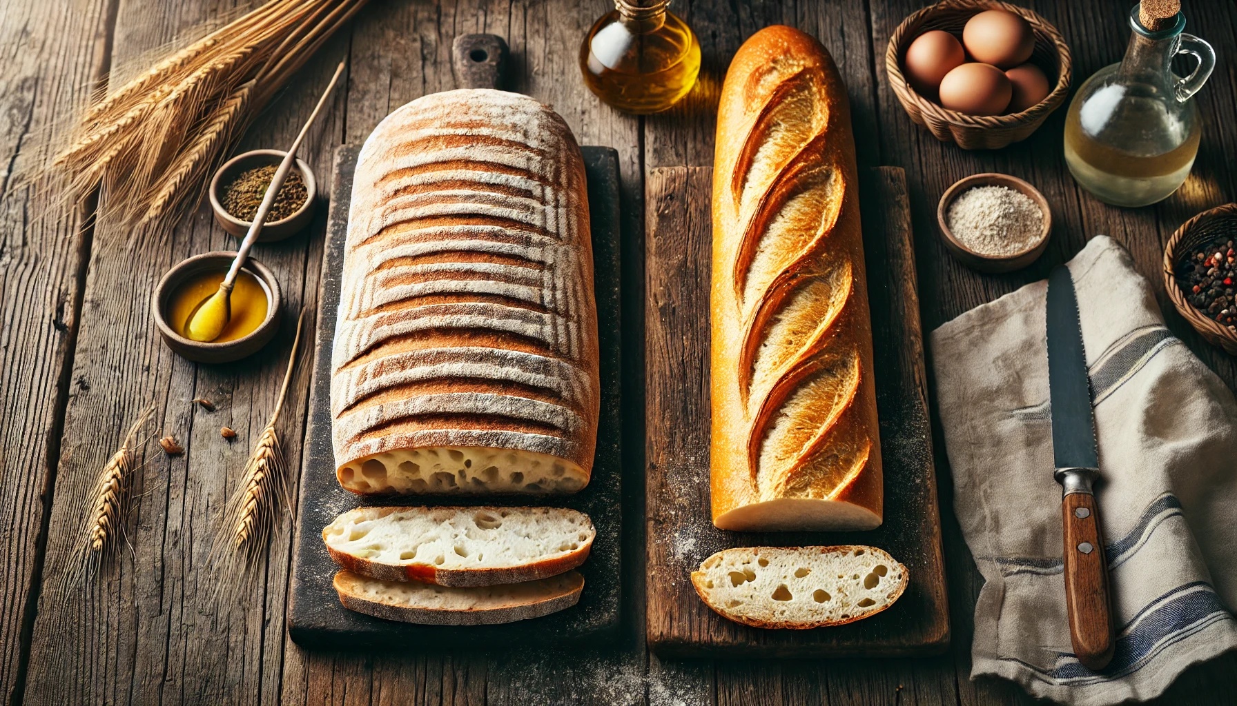치아바타와 바게트를 나란히 비교하며 두 빵의 질감과 모양 차이를 강조하고 있습니다.