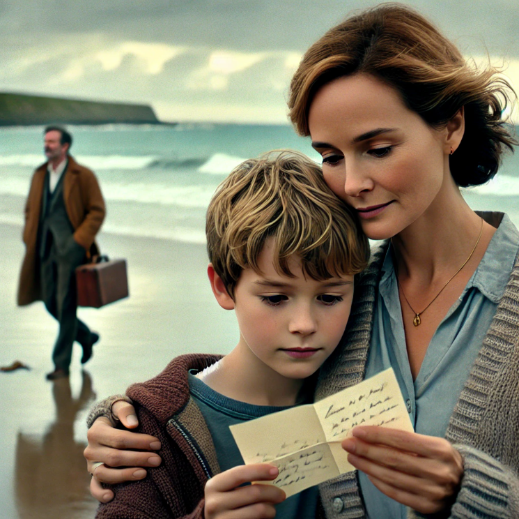 바닷가에서 편지를 든 소년과 그를 바라보는 어머니
