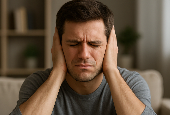 조용한 공간에서 귀를 막고 이명증상으로 괴로워하고 있는 남성의 모습