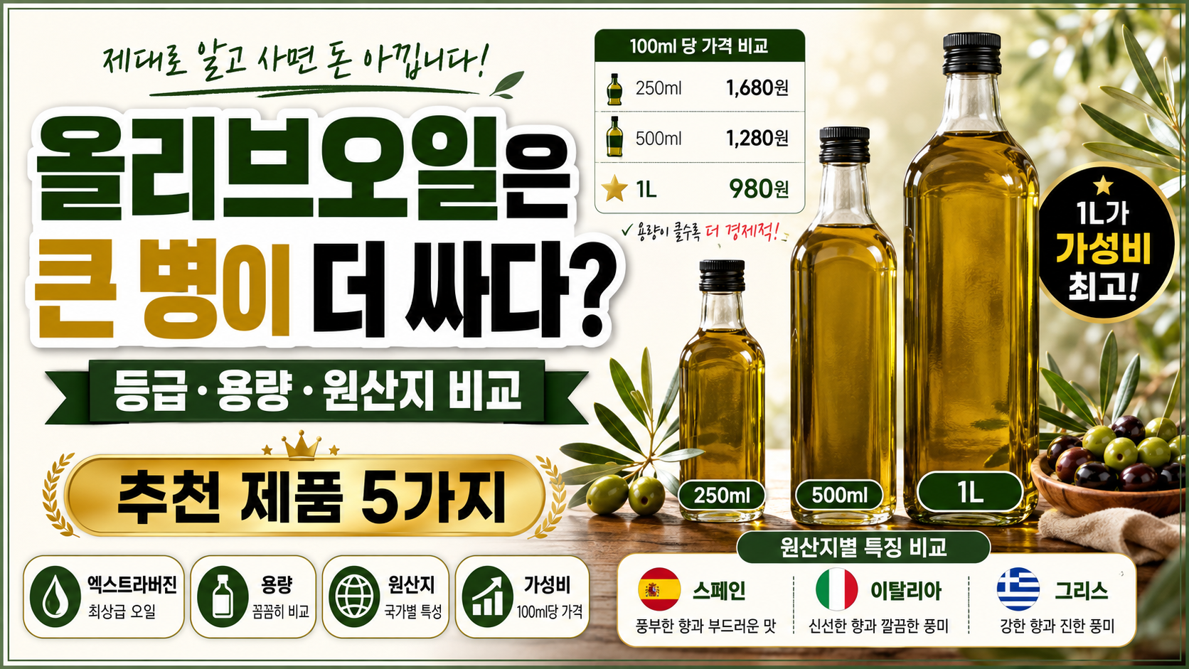 올리브오일은 큰 병이 더 싸다? 등급&middot;용량&middot;원산지 비교와 추천 제품 5가지