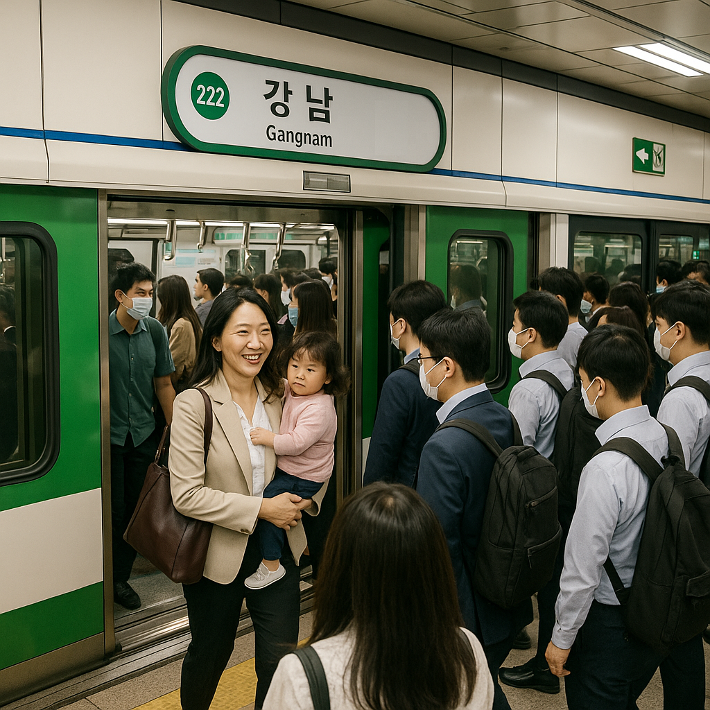 지하철 강남역 출퇴근시간의 직장인과 아이를 안은 어머니의 모습입니다.