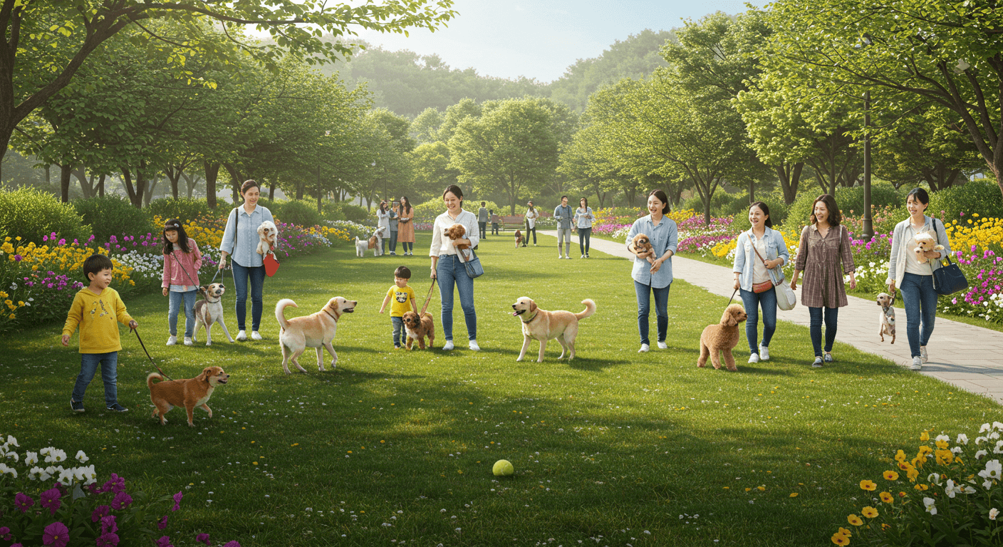 다양한 종류의 반려견들이 주인들과 함께 행복하게 놀고 있는 공원 풍경