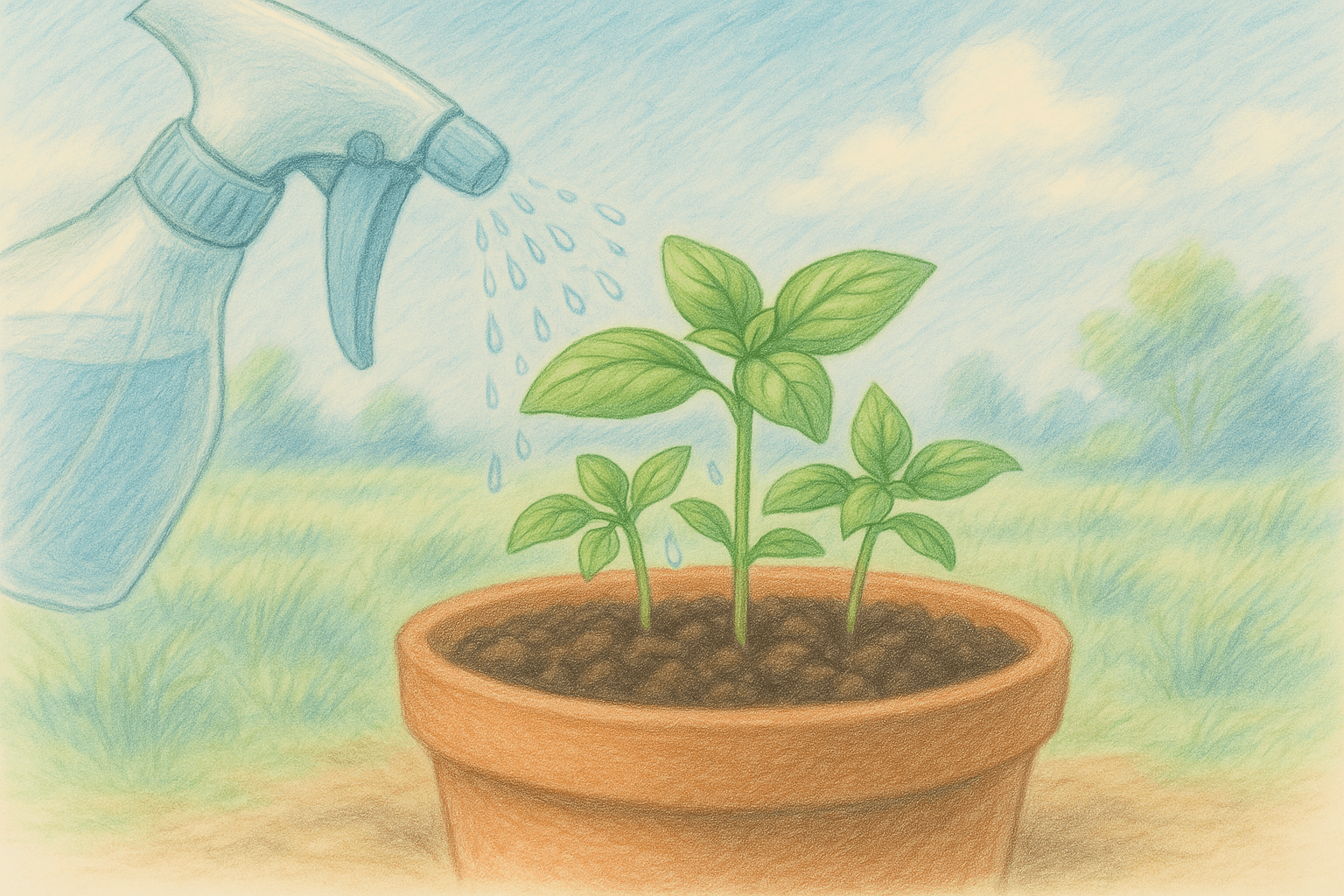 바질 씨앗에서 새싹이 나와 물 주는 모습