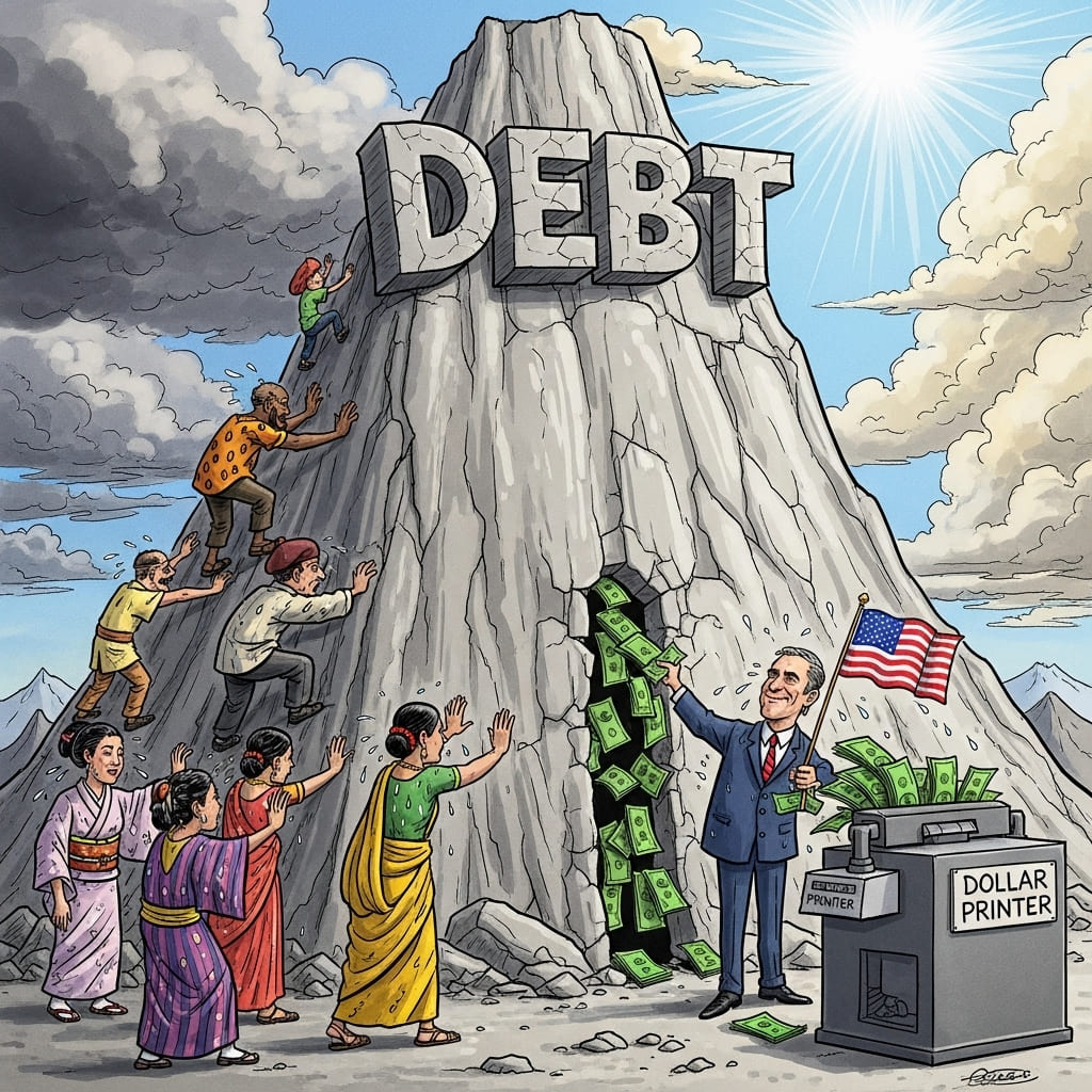 달러를 찍어내는 미국인 앞에서 반대를 외치는 다른 나라 사람들