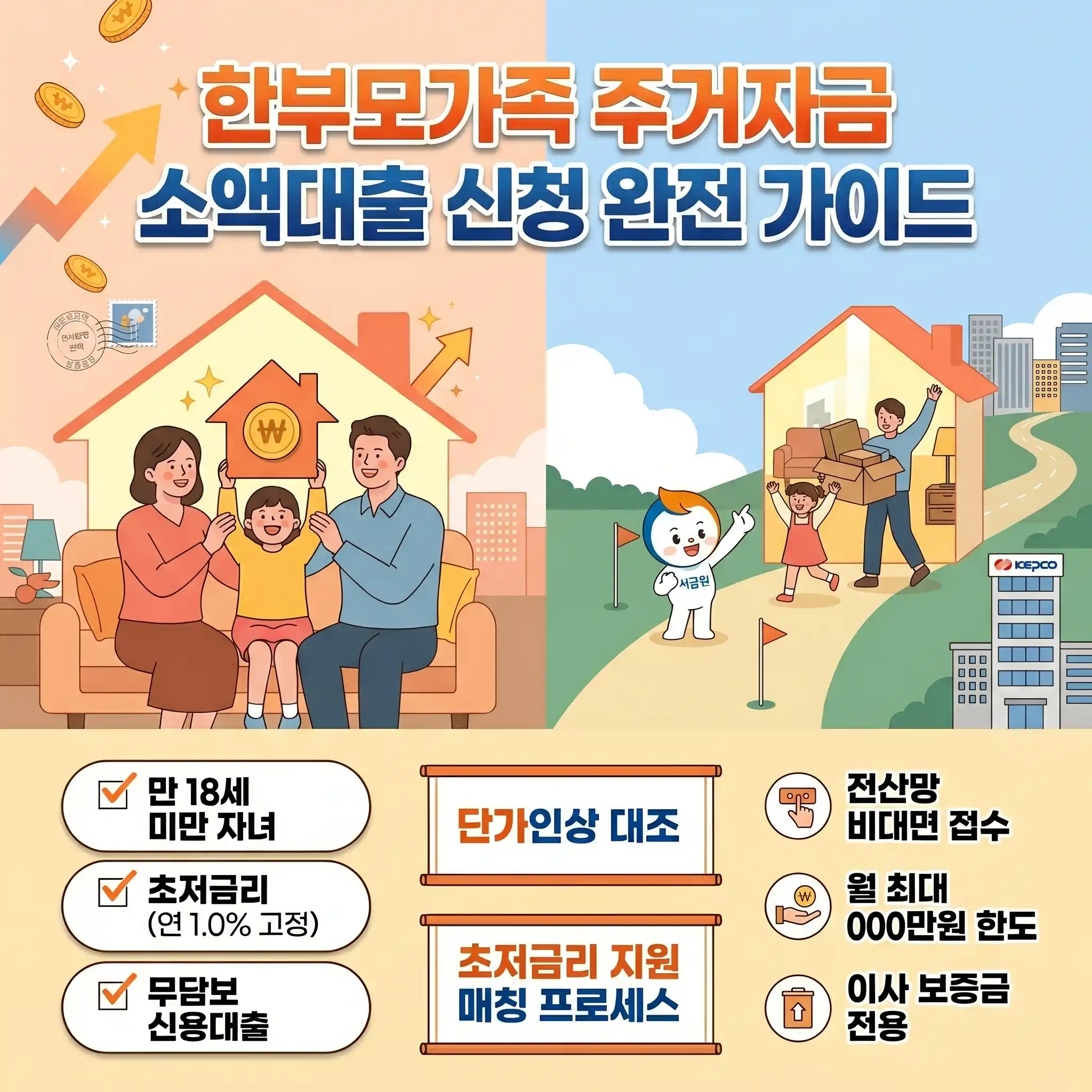 한부모가족 주거자금 소액대출 신청 가이드를 안내하는 정방향 블로그 썸네일 이미지. 상단의 메인 타이틀 아래로 행복하게 미소 짓는 한부모 가정과 이삿짐 상자를 나르는 가족 일러스트가 주택 배경과 함께 그려져 있습니다. 만 18세 미만 자녀, 연 1%대 초저금리 고정, 무담보 신용대출, 전산망 비대면 접수, 이사 보증금 전용 등 한부모가구를 위한 정책 금융 요약 정보가 하단에 체크 표시와 함께 명시되어 있습니다.