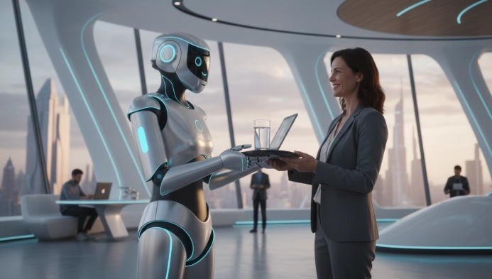 사람과 자연스럽게 소통하며 서비스를 제공하는 현대적인 로봇의 모습.