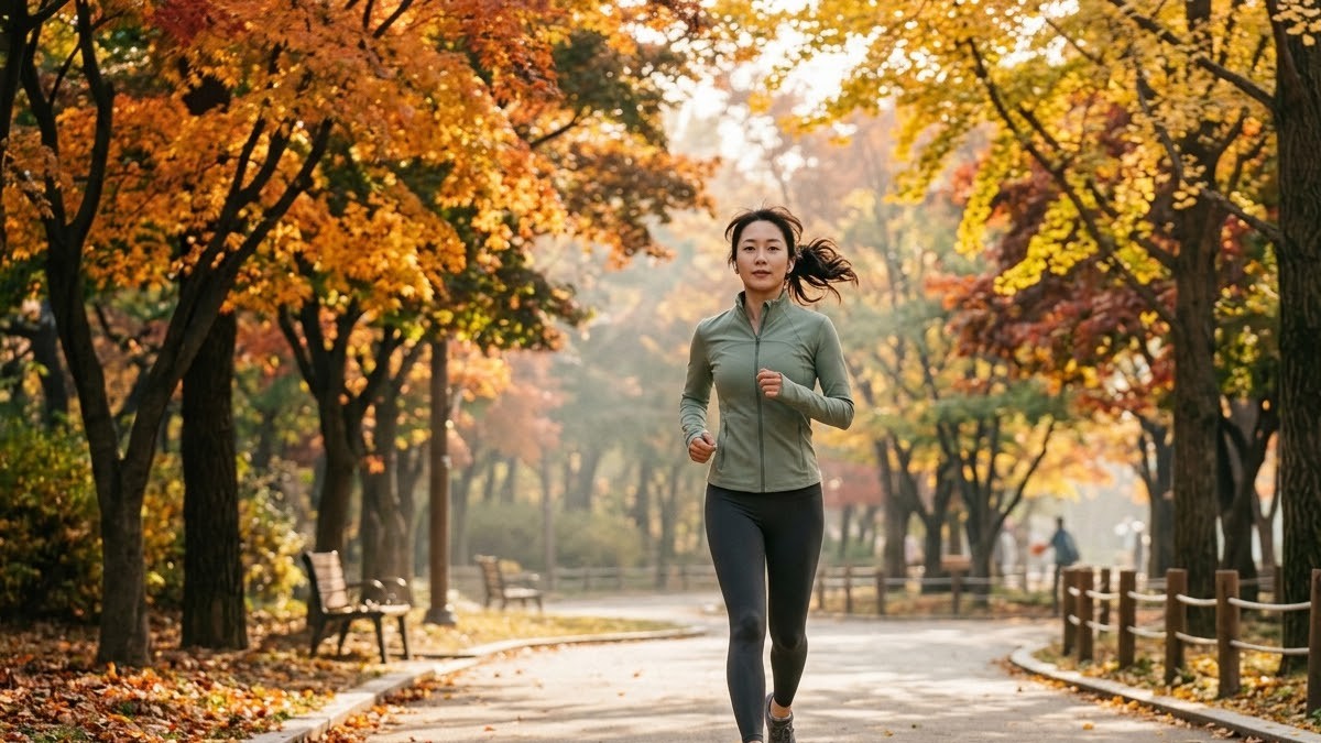가을 아침 단풍길을 가볍게 조깅하는 여성