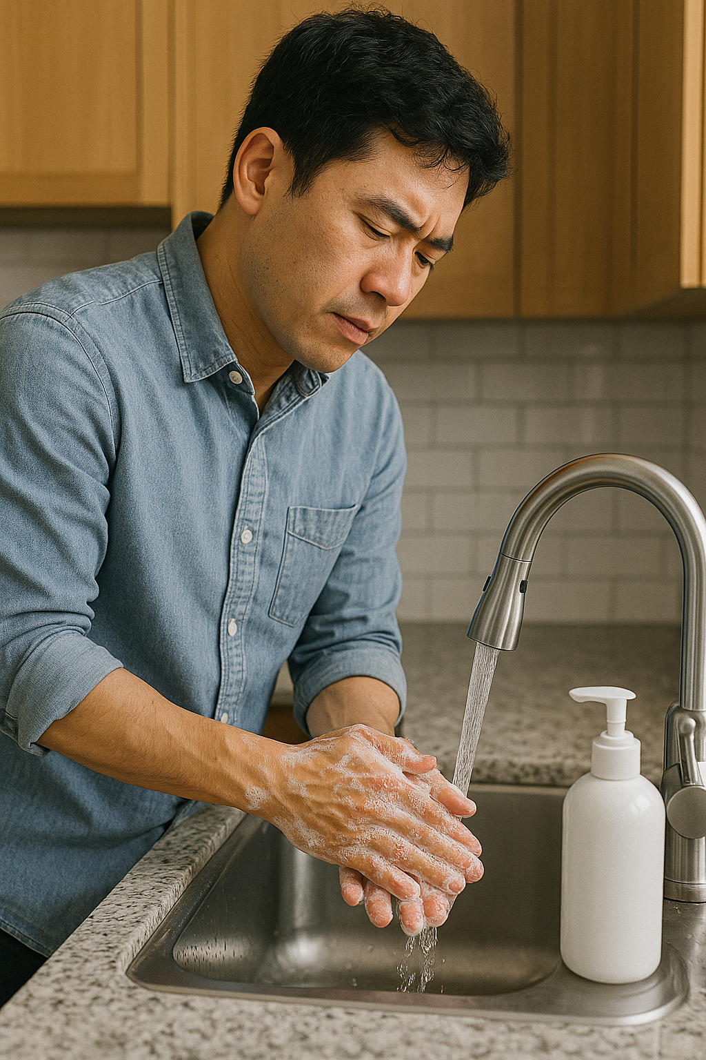 주방에서 위생적으로 손 씻는 장면