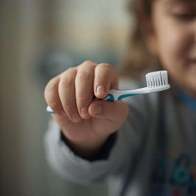 어린이 칫솔을 들고 있는 아이의 손