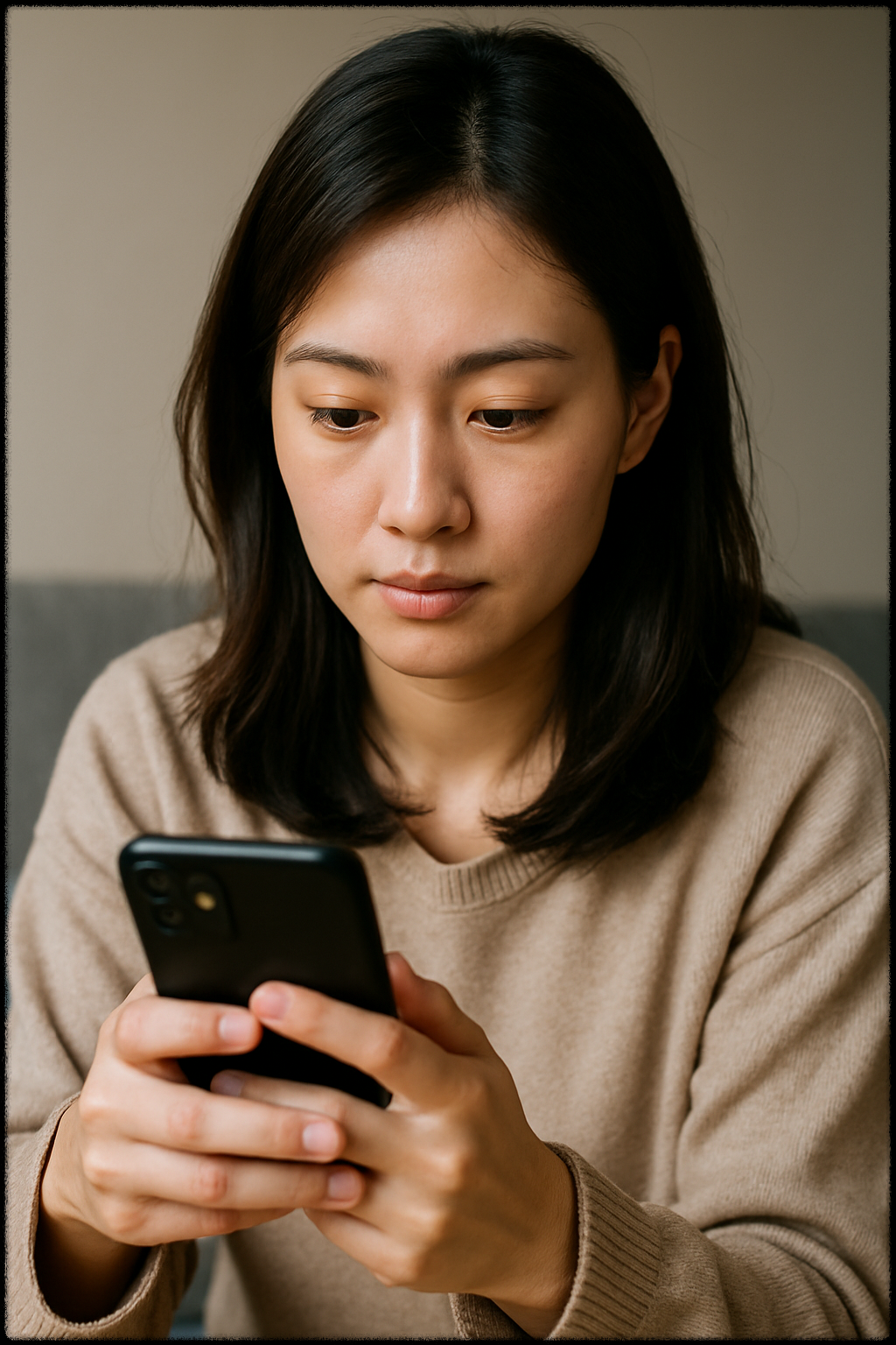 스마트폰 화면을 바라보며 부업 수익을 기대하는 여성 이미지