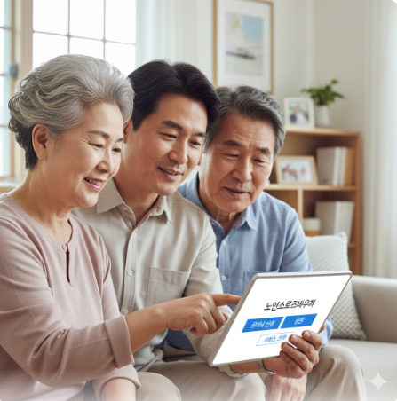 부모님과 자녀가 함께 태블릿 PC로 복지 서비스를 신청하는 모습