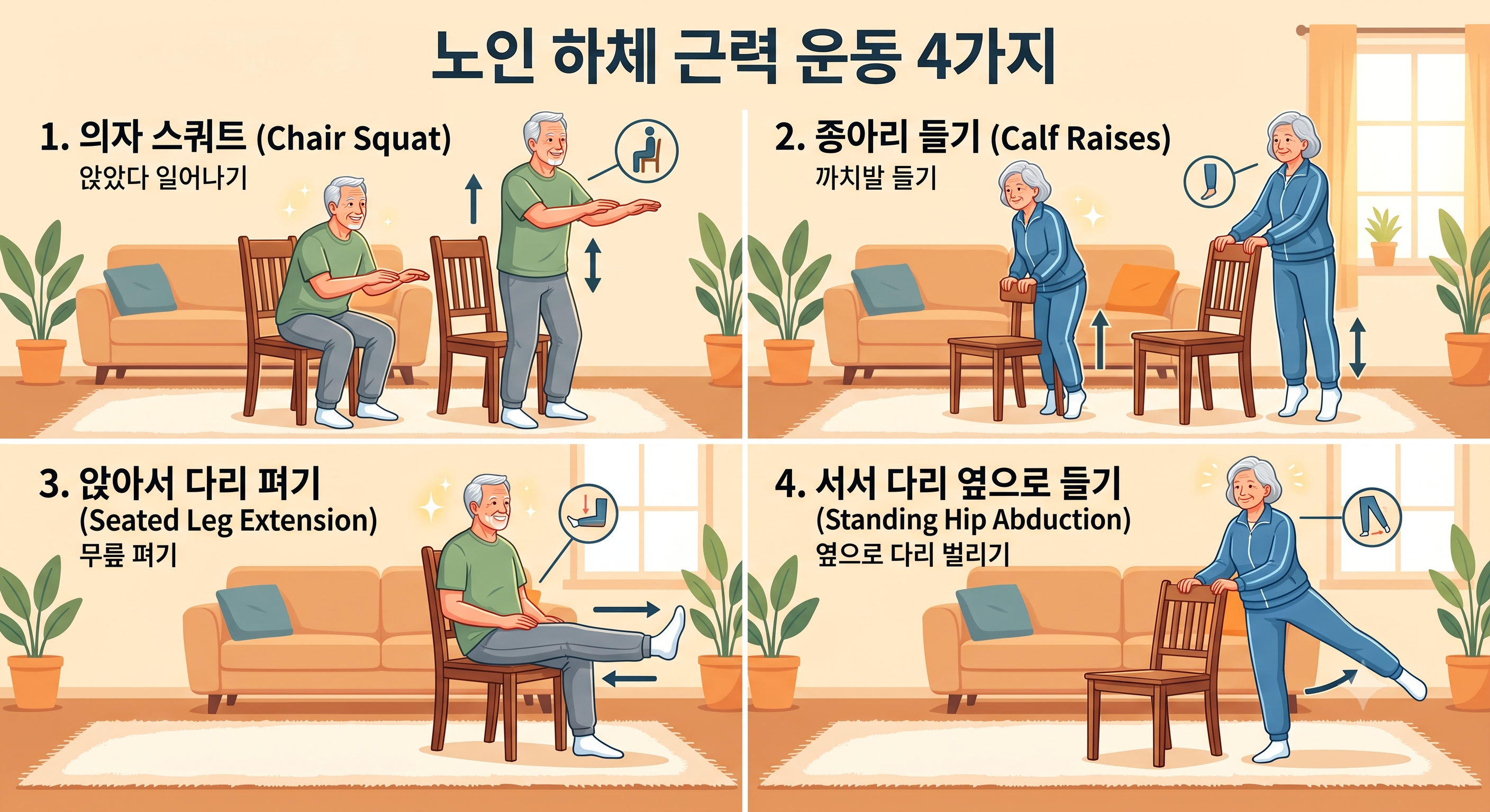 집에서 쉽게 따라 할 수 있는 노인 하체 근력 운동 4가지 동작 일러스트