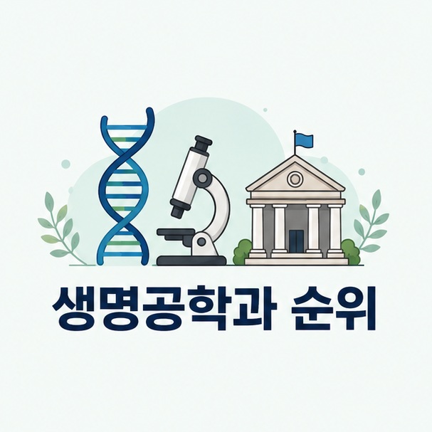 DNA와 현미경, 대학 건물을 함께 배치해 생명공학과 순위를 알아보는 주제를 표현한 대표 이미지