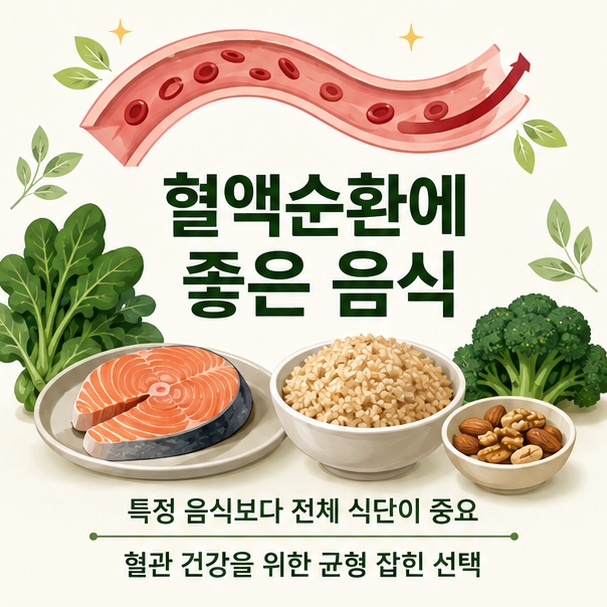 건강한 혈관과 채소, 생선, 통곡물, 견과류를 함께 표현해 혈액순환과 심혈관 건강에는 특정 음식 하나보다 전체적인 식사 패턴이 중요함을 보여 주는 그림